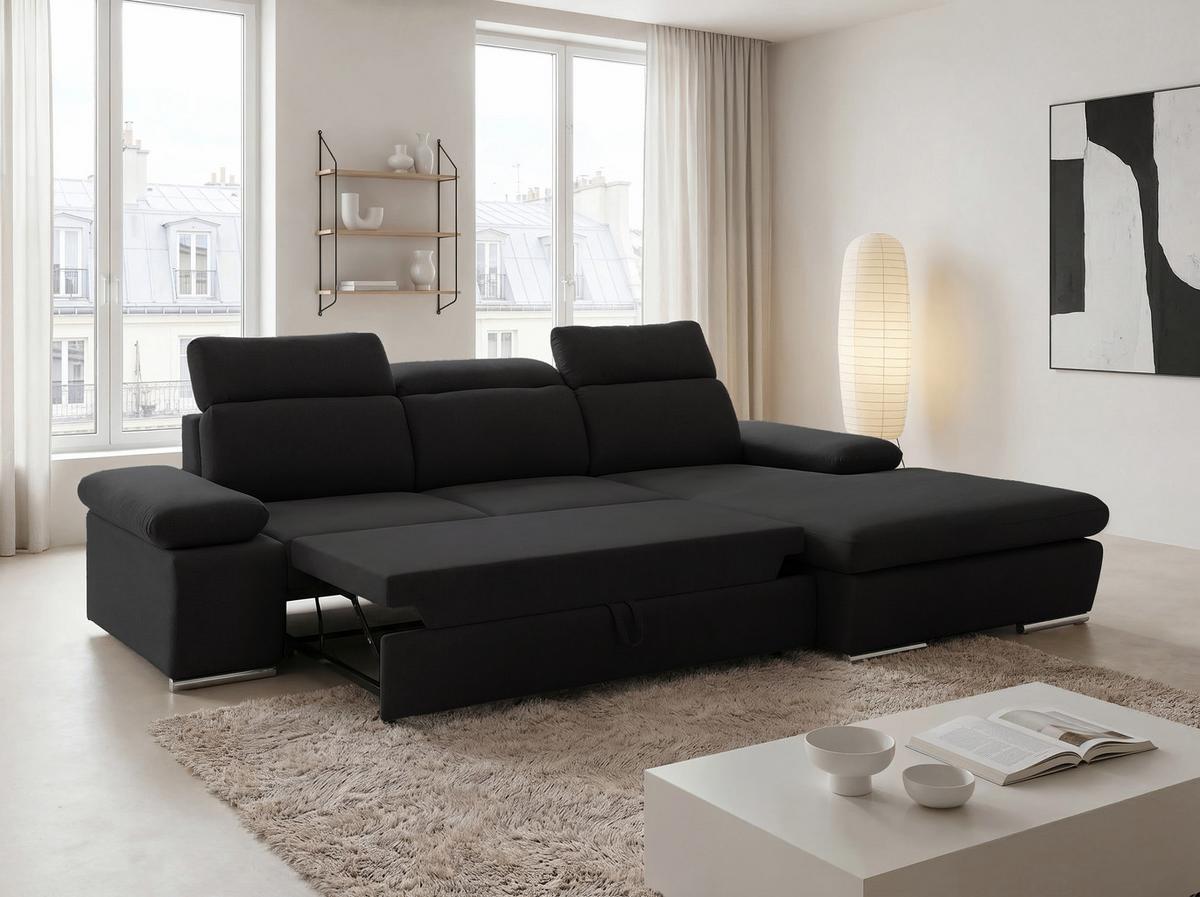 ECKSOFA PABLO mit Schlaffunktion und Bettkasten Schwarz - Schwarz, Holzwerkstoff/Kunststoff (250/90cm) - Idohome