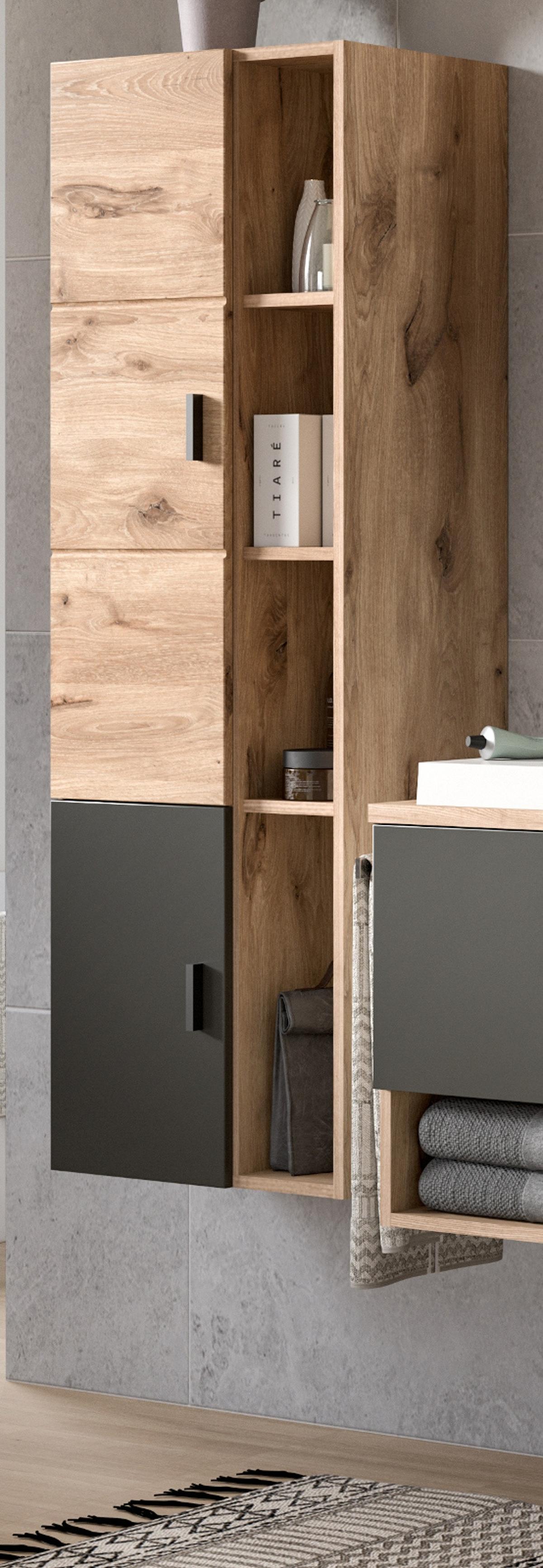 MIDISCHRANK Eiche, grau matt 48 x 144 cm, Bad Hängeschrank mit Soft-Close - Eichefarben/Grau, Holzwerkstoff/Kunststoff (48/144/35cm) - Inn.Furn