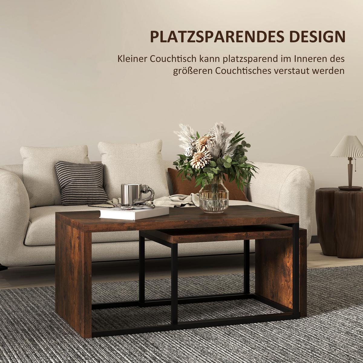 2ER-SET Beistelltisch, Kaffeetisch, multifunktional, Spanplatte, Schwarz+Braun - Braun, Metall (90/48/42cm) - HOMCOM