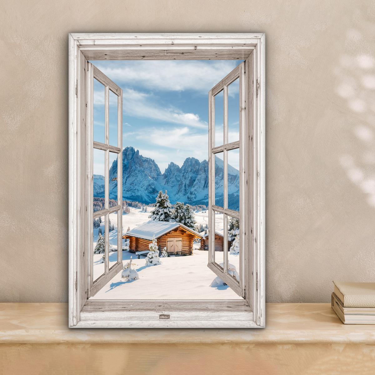 LEINWANDBILD Winterlandschaft - Hütte - Berge - Ausblicke - Aussicht - Natur Deko Wohnzimmer 20x30 cm - Weiß Hochglanz, Textil (20/30cm) - MuchoWow