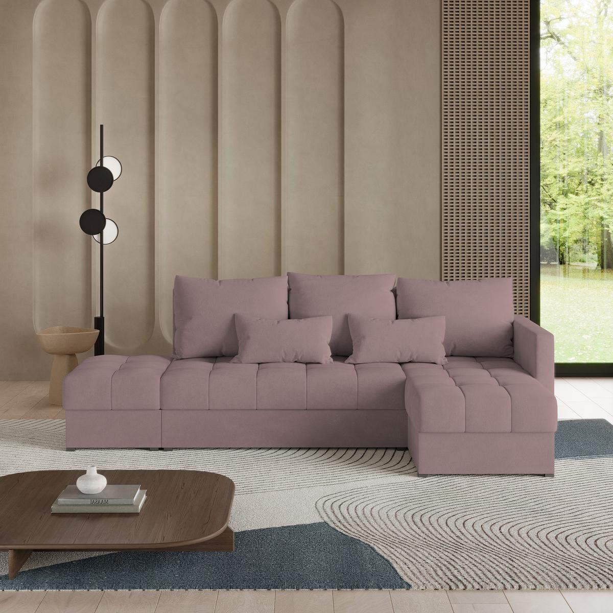 ECKSOFA LUMARI R-S Rosa Plüsch-Stoff mit Schlaffunktion - Rosa, Holz (262/143cm) - MASSENO