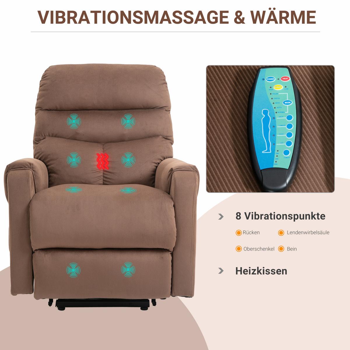FERNSEHSESSEL Sessel mit Aufstehhilfe mit Massagefunktion Heizung Braun - Schwarz/Braun, Textil/Metall (83/110/93cm) - HOMCOM