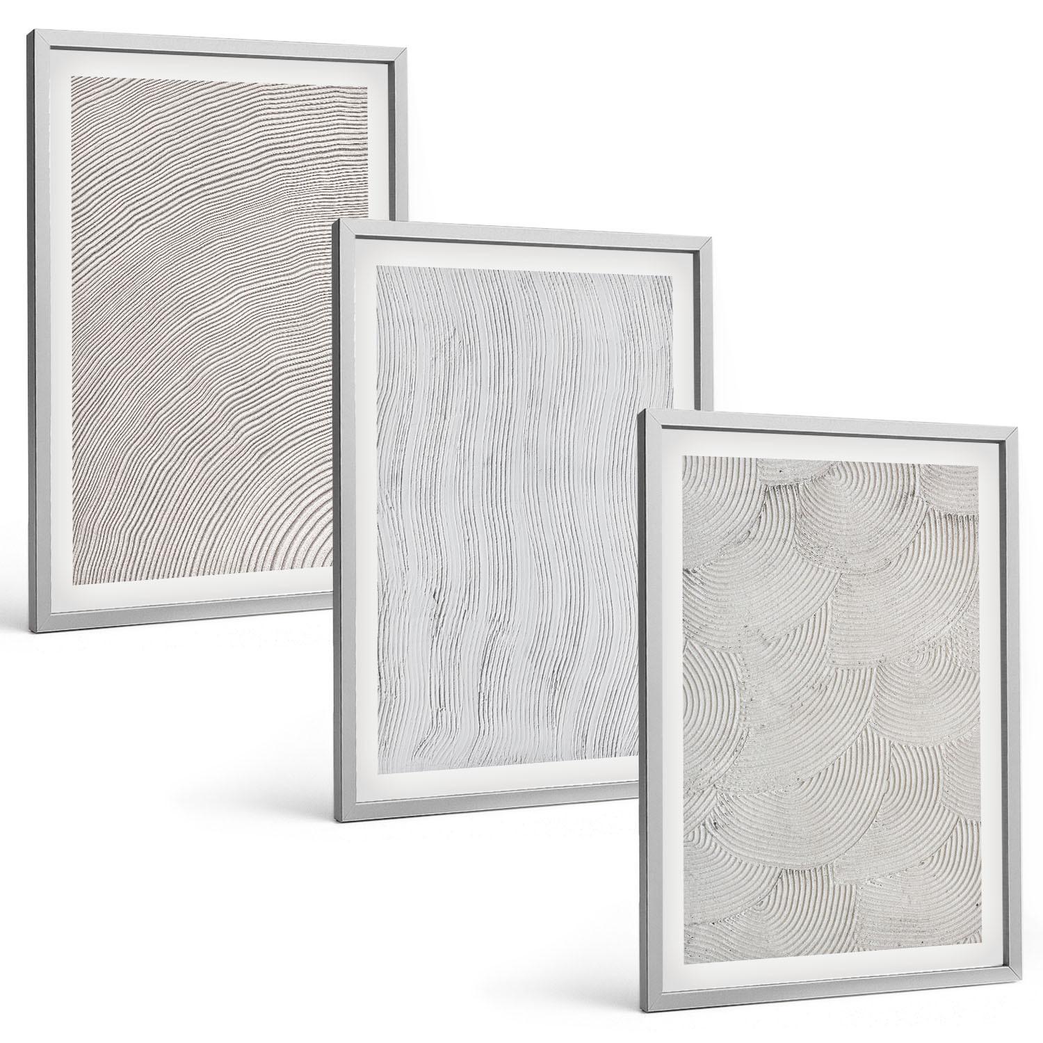 BILDER SET 3er Set - 40x60 cm Silberner Rahmen - Sandmuster geometrische Strukturen - Silberfarben, Kunststoff (40/60cm) - TULUP