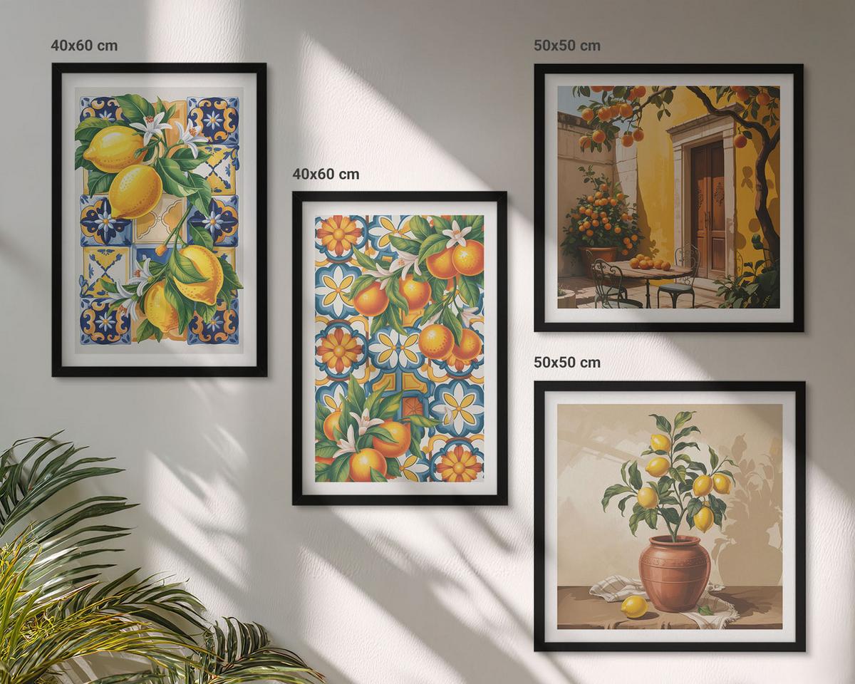 BILDER SET 4er Set - 50x50 cm & 40x60 cm Schwarzer Rahmen - Zitronenorange Blütenmuster - Schwarz, Kunststoff (50/50cm) - TULUP