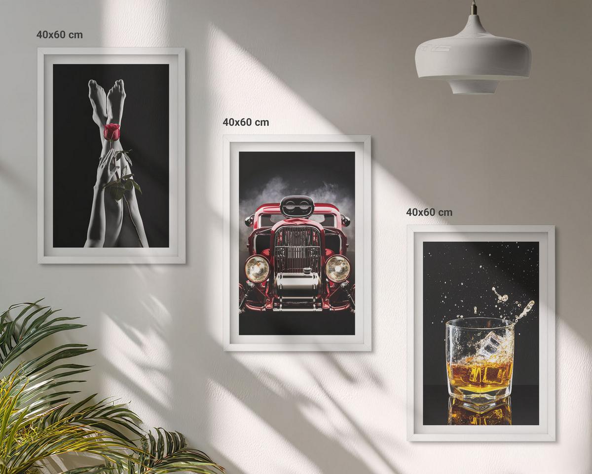 BILDER SET 3er Set - 40x60 cm Weißer Rahmen - Frauenbeine Rosenauto Whisky - Weiß, Kunststoff (40/60cm) - TULUP