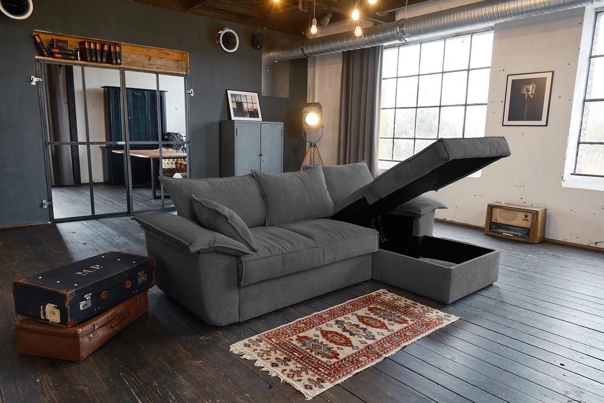 ECKSOFA DAMETO Grau Cord Mit Schlaffunktion - Schwarz/Grau, Kunststoff/Textil (266/174cm) - KAWOLA