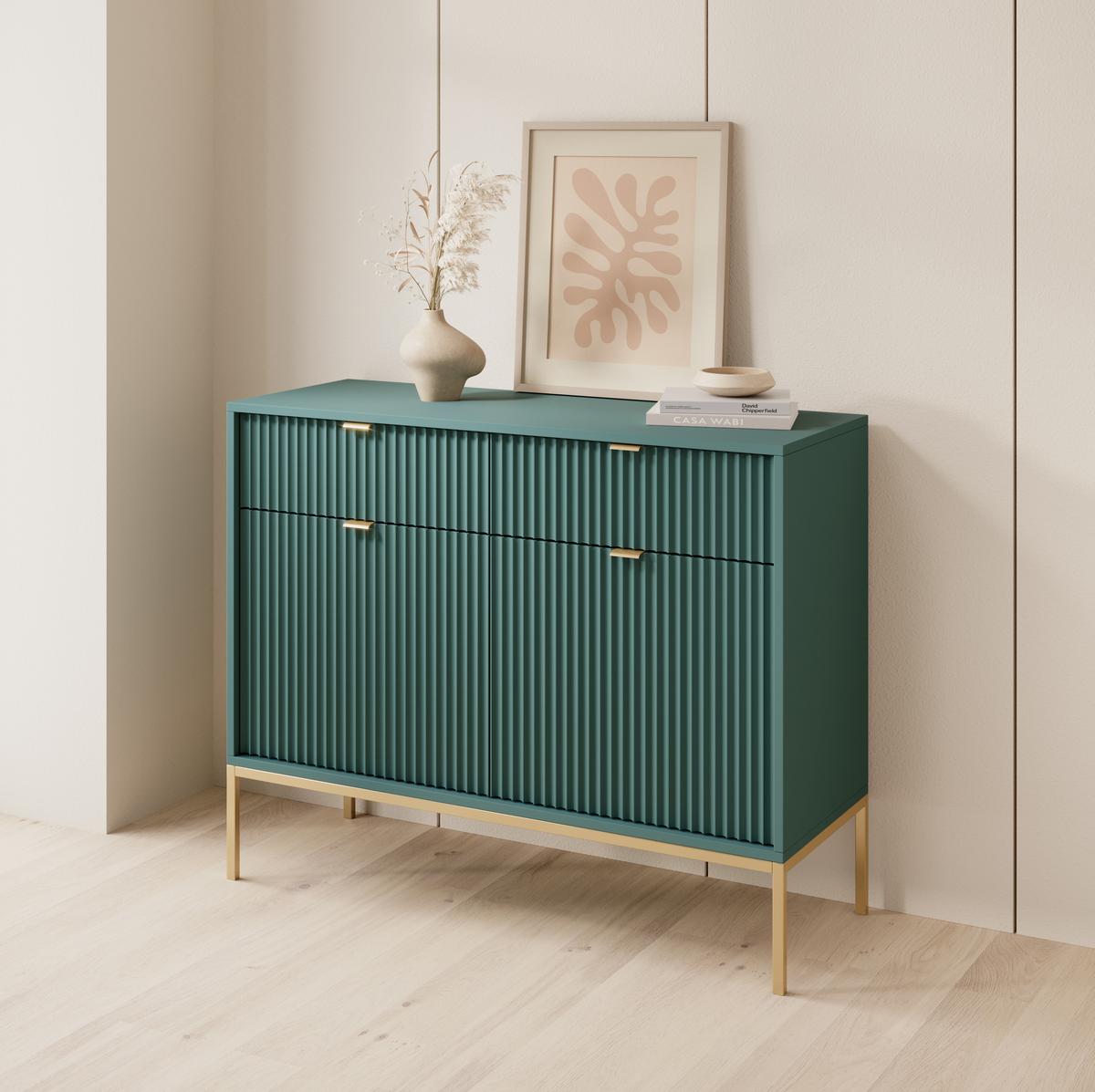 SIDEBOARD Eternas 2T 2S Grün 104/83/39 cm – goldene Füße, mit geriffelten Fronten - Goldfarben/Grün, Holzwerkstoff (104/83/39cm) - AX Living