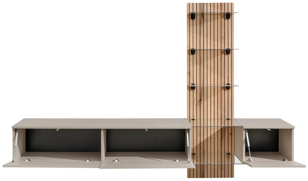 WOHNWAND Grau Lehm, Evoke Eiche 220 cm hängend, Schrankwand mit LED und Push-to-Open - Eichefarben/Hellgrau, Glas/Holzwerkstoff (220/150/40cm) - Inn.Furn