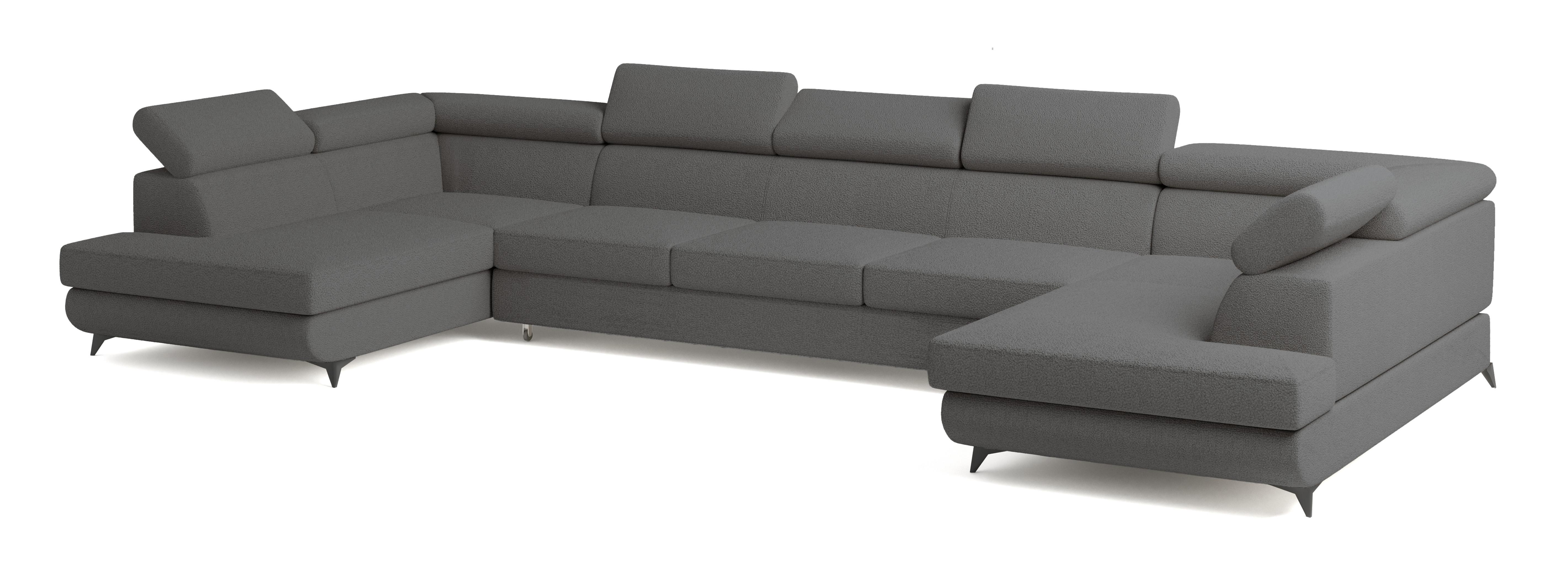 WOHNLANDSCHAFT URMANO Grau Boucle-Stoff mit Schlaffunktion - Grau, Holz (395/89/190cm) - MASSENO