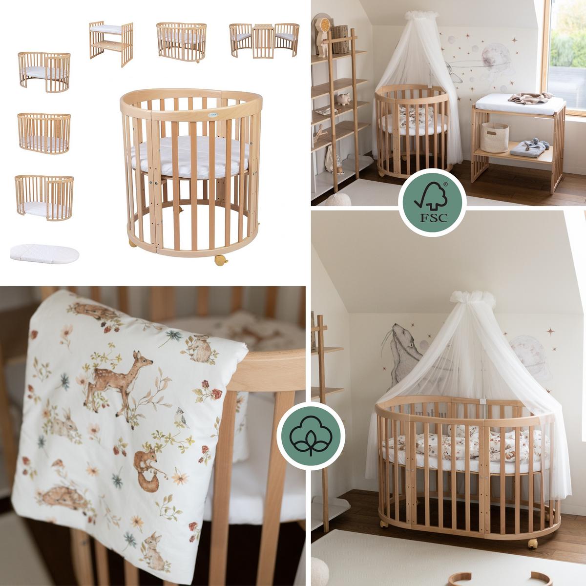 BABYBETT NATUR OVAL 7in1 mit Matratze und Himmelset - Multicolor/Naturfarben, Holz/Textil (73/125cm) - waldin