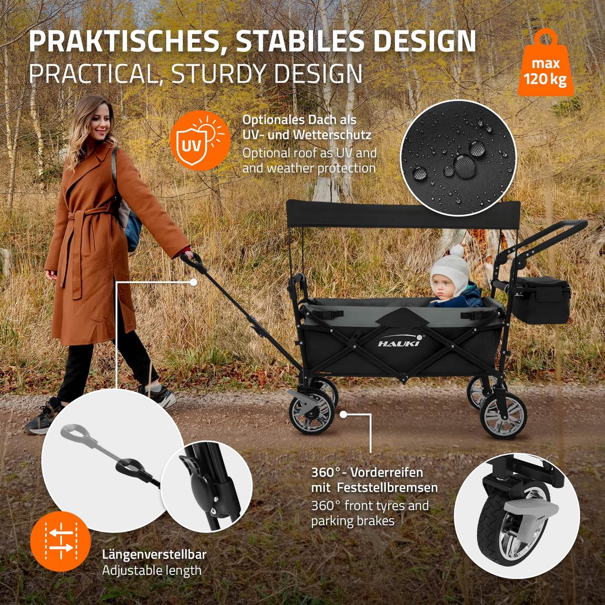 BOLLERWAGEN faltbar mit Dach XXL Schwarz-Grau Handwagen für Kinder Strand Picknick - Schwarz, Metall (56/99/196cm) - Hauki
