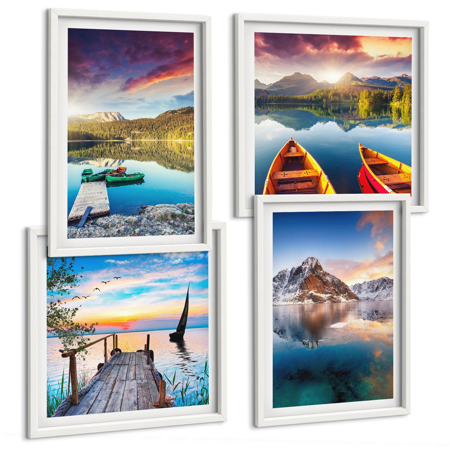 BILDER SET 4er Set - 50x50 cm & 40x60 cm Weißer Rahmen - Seen- und Berglandschaft Łódź - Weiß, Kunststoff (50/50cm) - TULUP