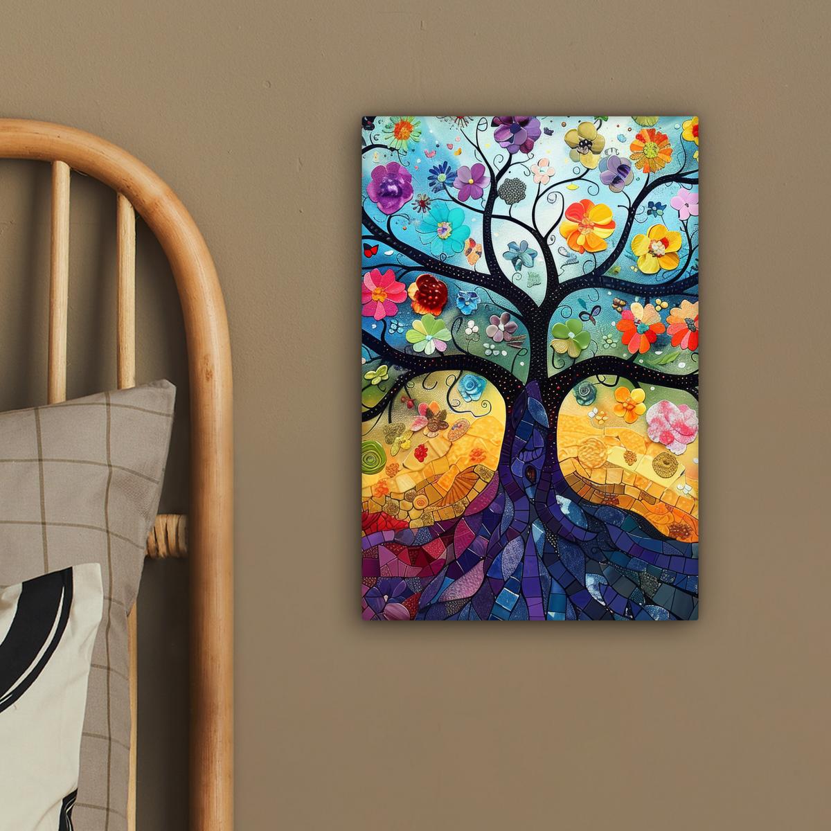 LEINWANDBILD Kunst - Baum des Lebens - Blumen - Hippie Deko Wohnzimmer 20x30 cm - Dunkelblau, Textil (20/30cm) - MuchoWow
