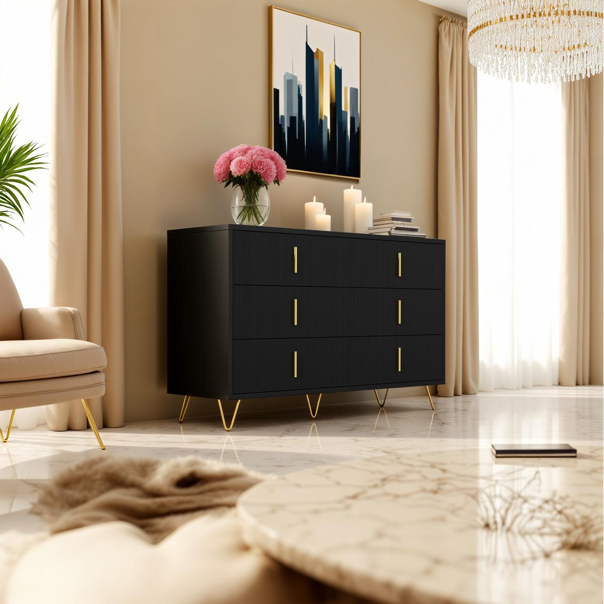 SIDEBOARD schwarz gold 120cm 6 schubladen modern - Schwarz, Holzwerkstoff (120/77/40cm) - Urban Meuble