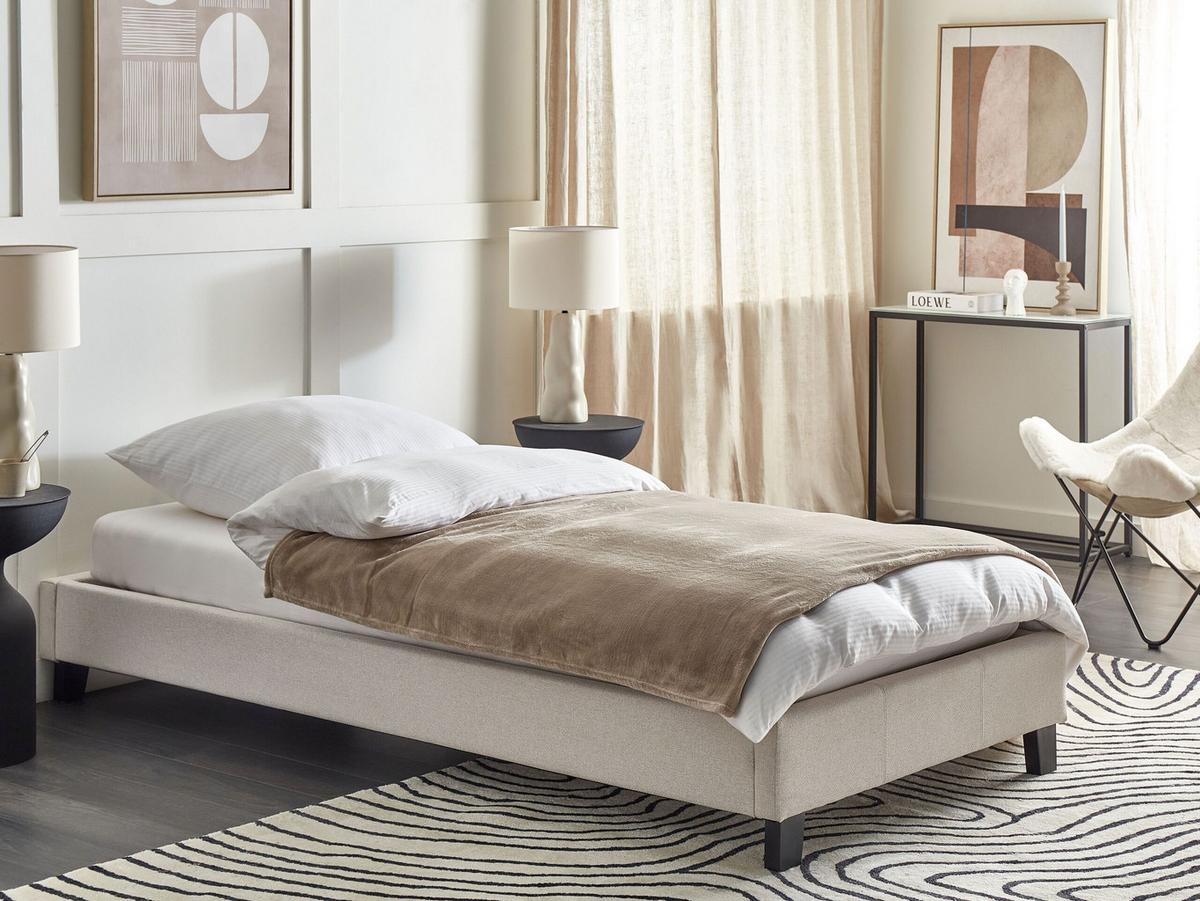 POLSTERBETT Beige-Dunkler Holzfarbton 90-200 cm Roanne - Beige/Dunkelbraun, Textil (90/200cm) - Beliani