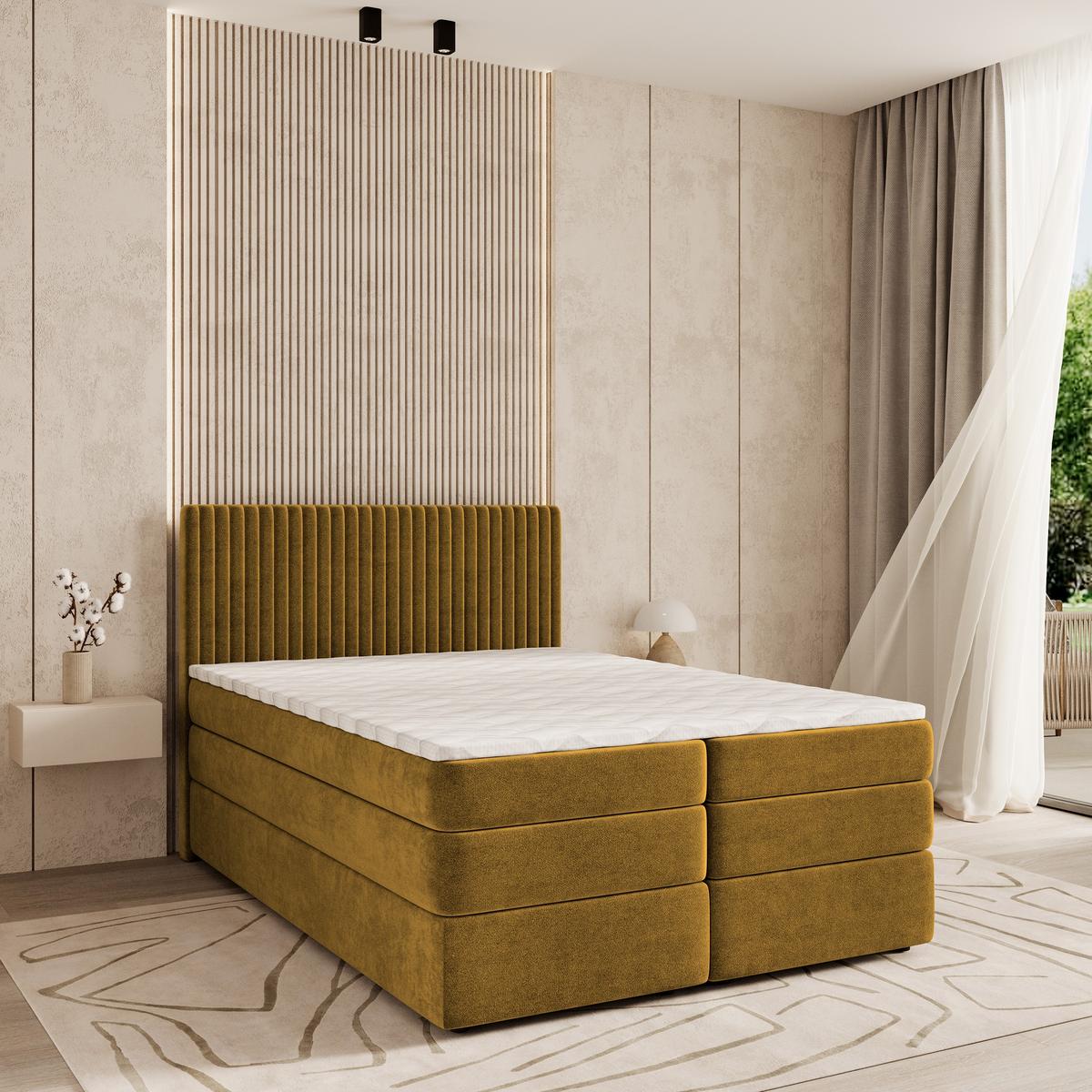 BOXSPRINGBETT FELBIO 140x200 cm mit Matratze und Topper - Gelb - Gelb, Holz (140/200cm) - MASSENO