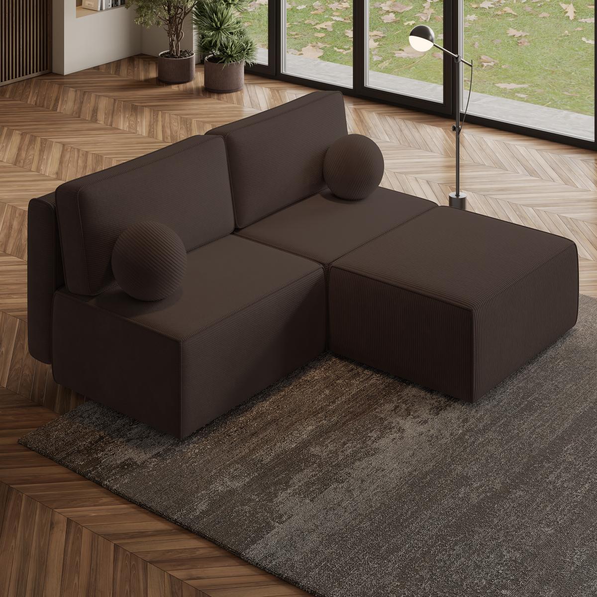ECKSOFA VARNA P Braun Kordstoff mit Schlaffunktion - Braun/Grau, Holz/Kunststoff (196/158cm) - MASSENO