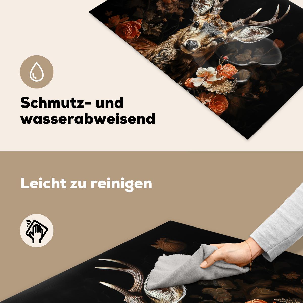 HERDABDECKPLATTE Hirsch - Tier - Blumen - Natur - Botanisch Ceranfeldabdeckung 76x51.5 cm - Kupferfarben, Kunststoff (76/51.5/0.2cm) - MuchoWow