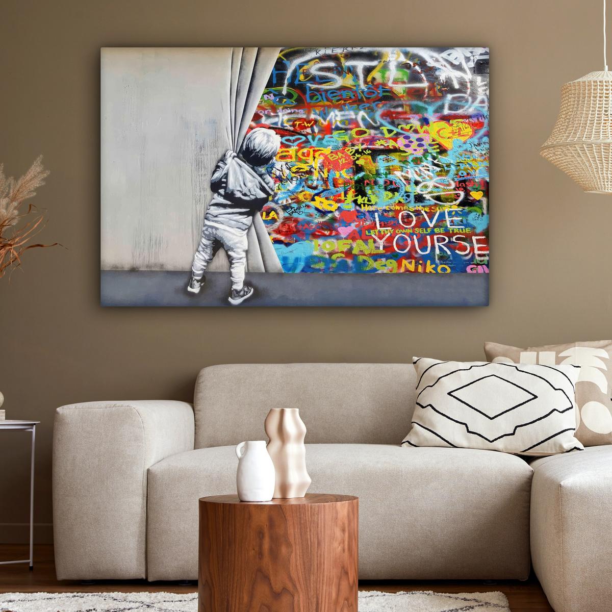 LEINWANDBILD Graffiti - Junge - Ilussie - Straßenkunst Wohnzimmer Groß 120x80 cm - Hellgrau, Textil (120/80cm) - MuchoWow