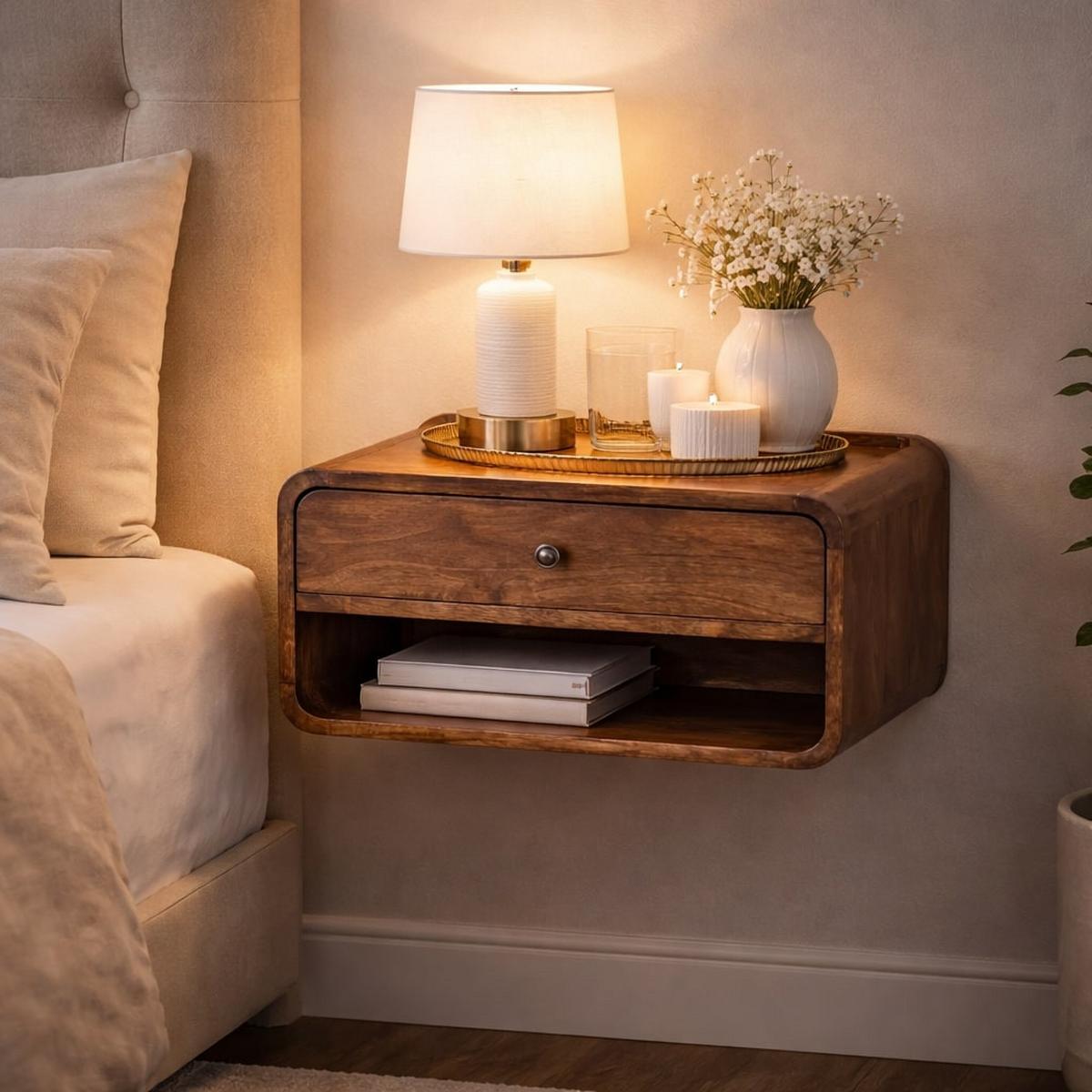 NACHTTISCH Abgerundete Kante, 1 Schublade in Braun - Dunkelbraun/Messingfarben, Holz/Metall (45/25/32cm) - Artisan Furniture