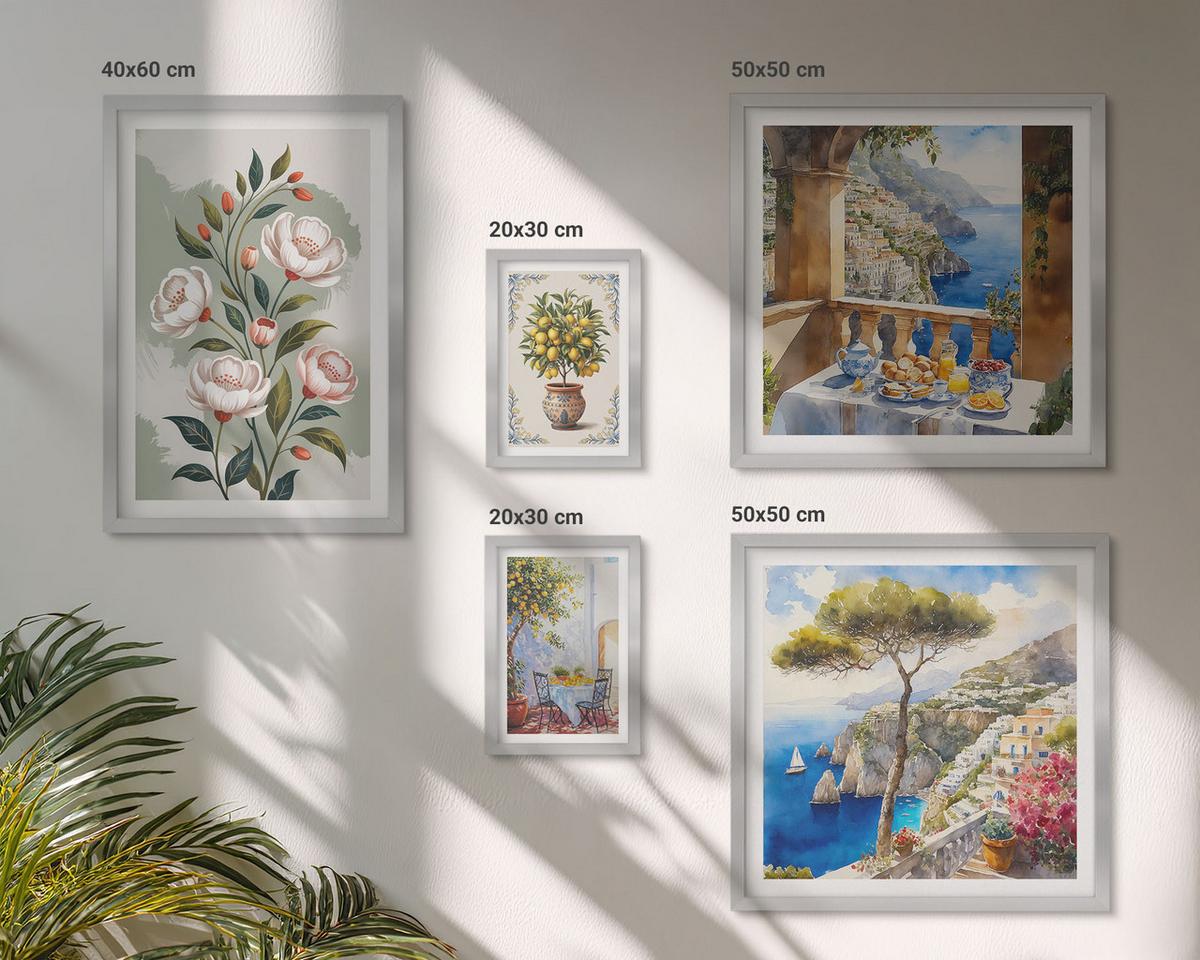 BILDER SET 5er Set - 50x50 cm & 20x30 cm & 40x60 cm Silberner Rahmen - Blick auf das Meer aus Zitronenbäumen - Silberfarben, Kunststoff (40/60cm) - TULUP