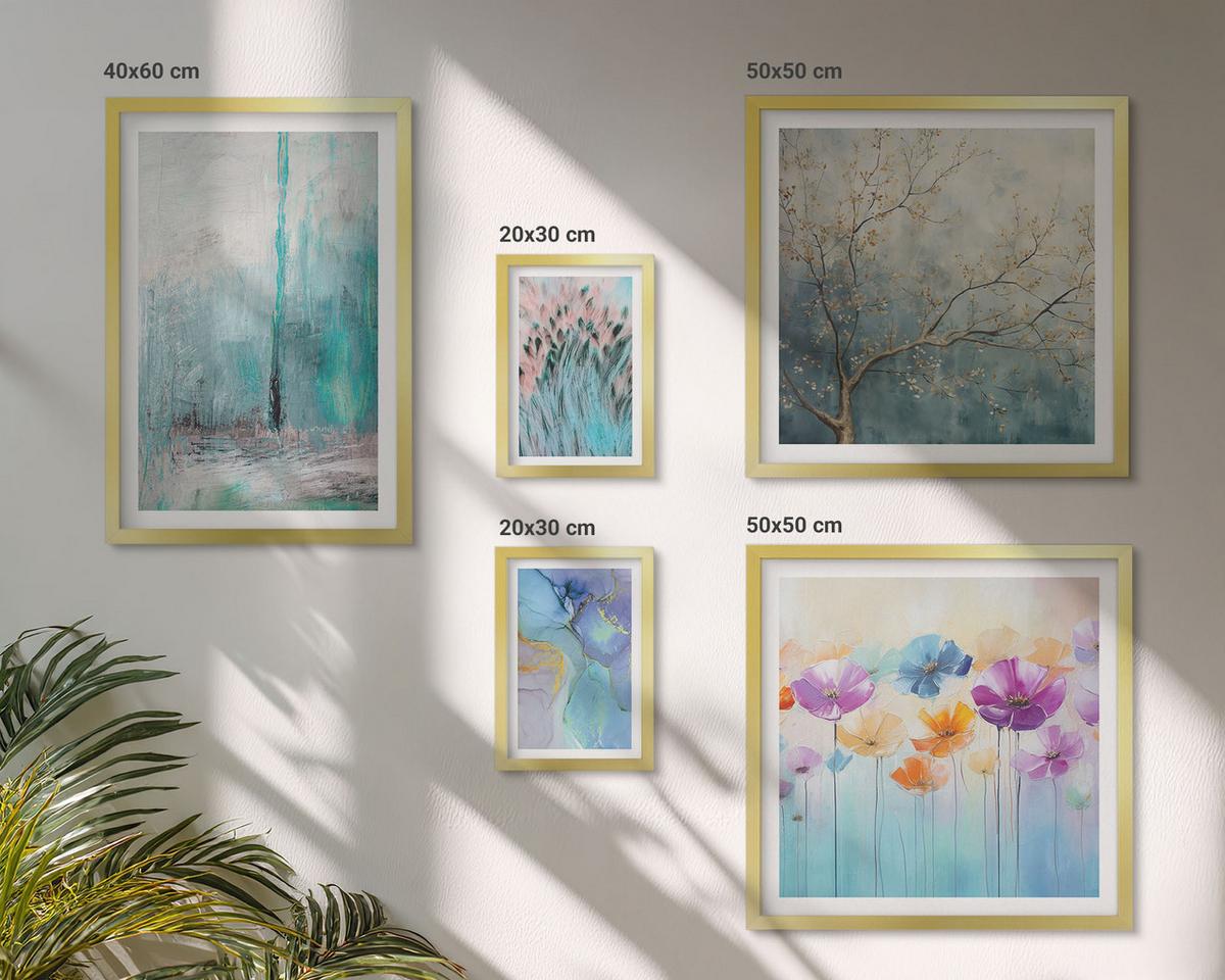 BILDER SET 5er Set - 50x50 cm & 20x30 cm & 40x60 cm Goldrahmen - Leuchtturm, Landschaft, Mädchen, Pferd - Goldfarben, Kunststoff (40/60cm) - TULUP