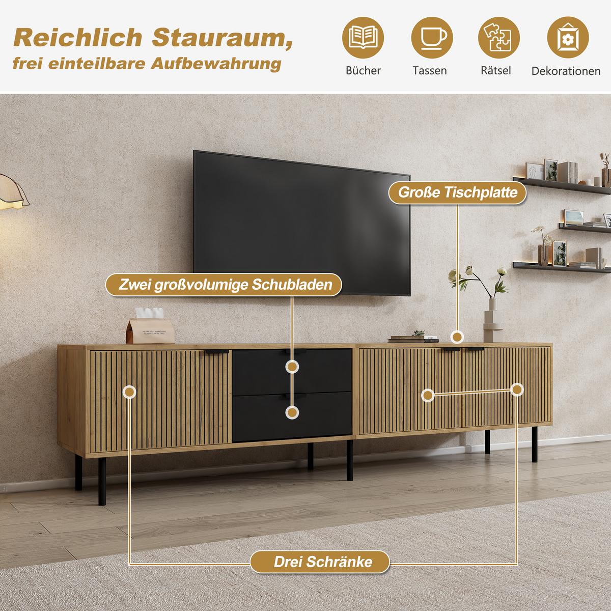 TV-LOWBOARD Lowboard 208cm Schwarz & Holzoptik für 85 Zoll, 3 Schränke und 2 Schubladen - Naturfarben, Holzwerkstoff (208/48/40cm) - Urban Meuble