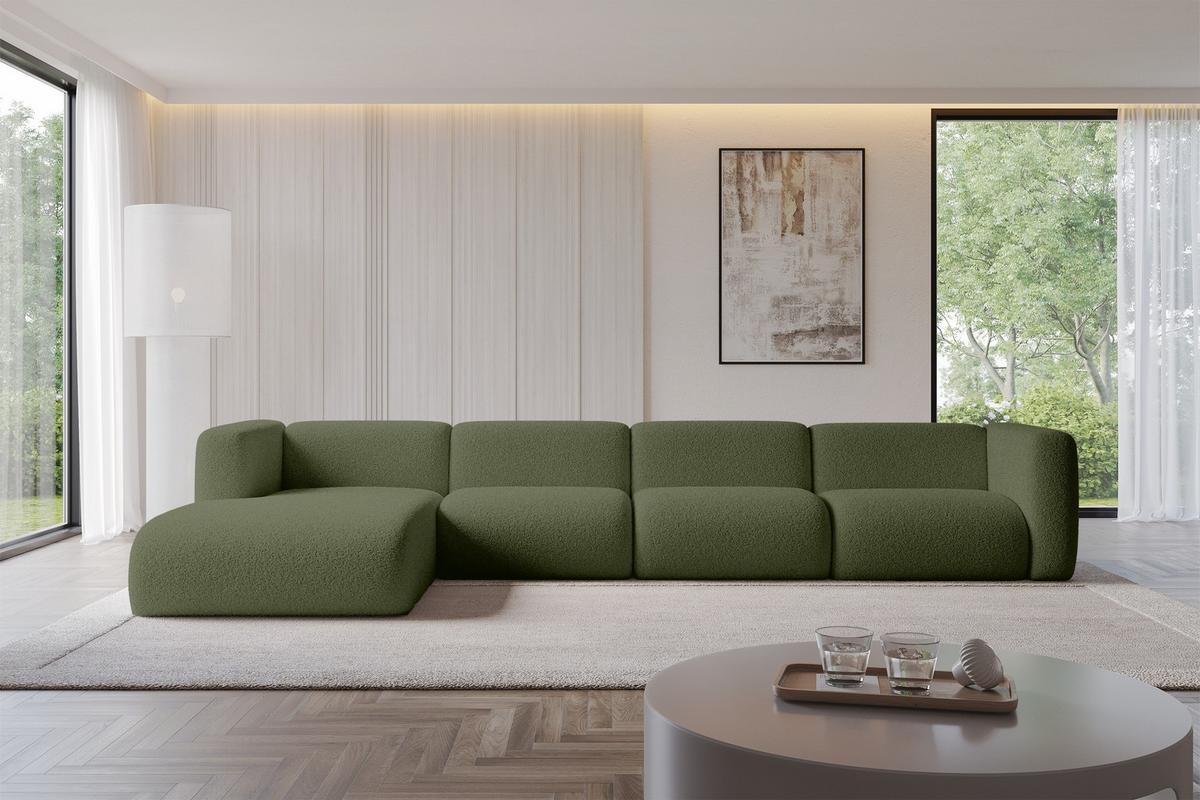ECKSOFA Ottomane Links MIRA-L3 409x179x70 Grün Bouclé - Schwarz/Olivgrün, Holzwerkstoff/Kunststoff (409/179cm) - ALTDECOR