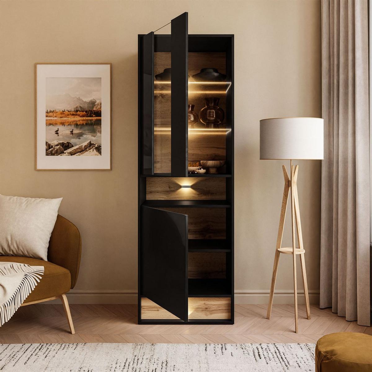VITRINE VILLA II mit Wotan Eicheneinsatz - Eiche Wotan/Schwarz, Holzwerkstoff (60/180/40cm) - Lookway