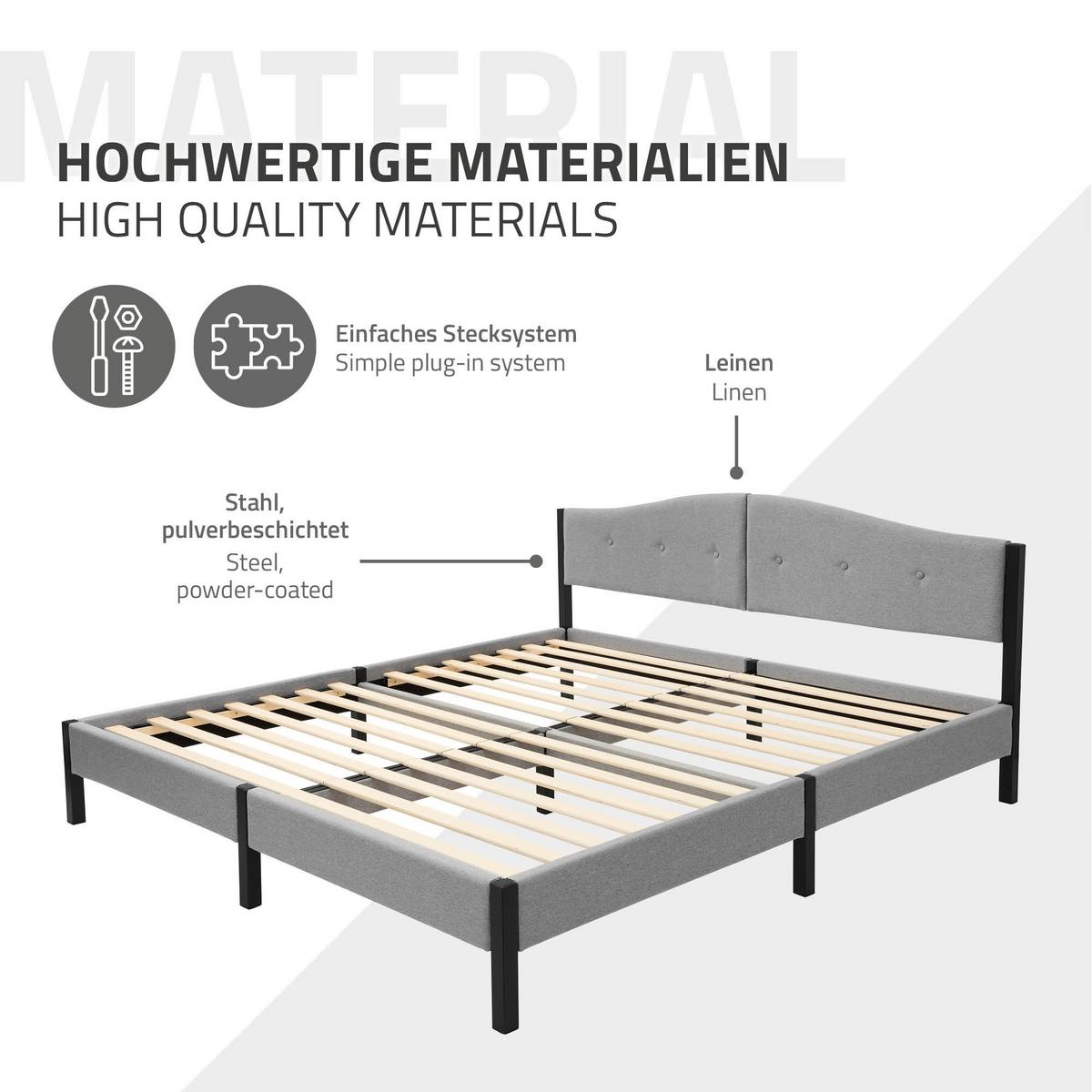 POLSTERBETT 180x200 cm Grau mit Lattenrost und Leinenstoff - Grau, Holzwerkstoff/Textil (180/200cm) - ML-DESIGN