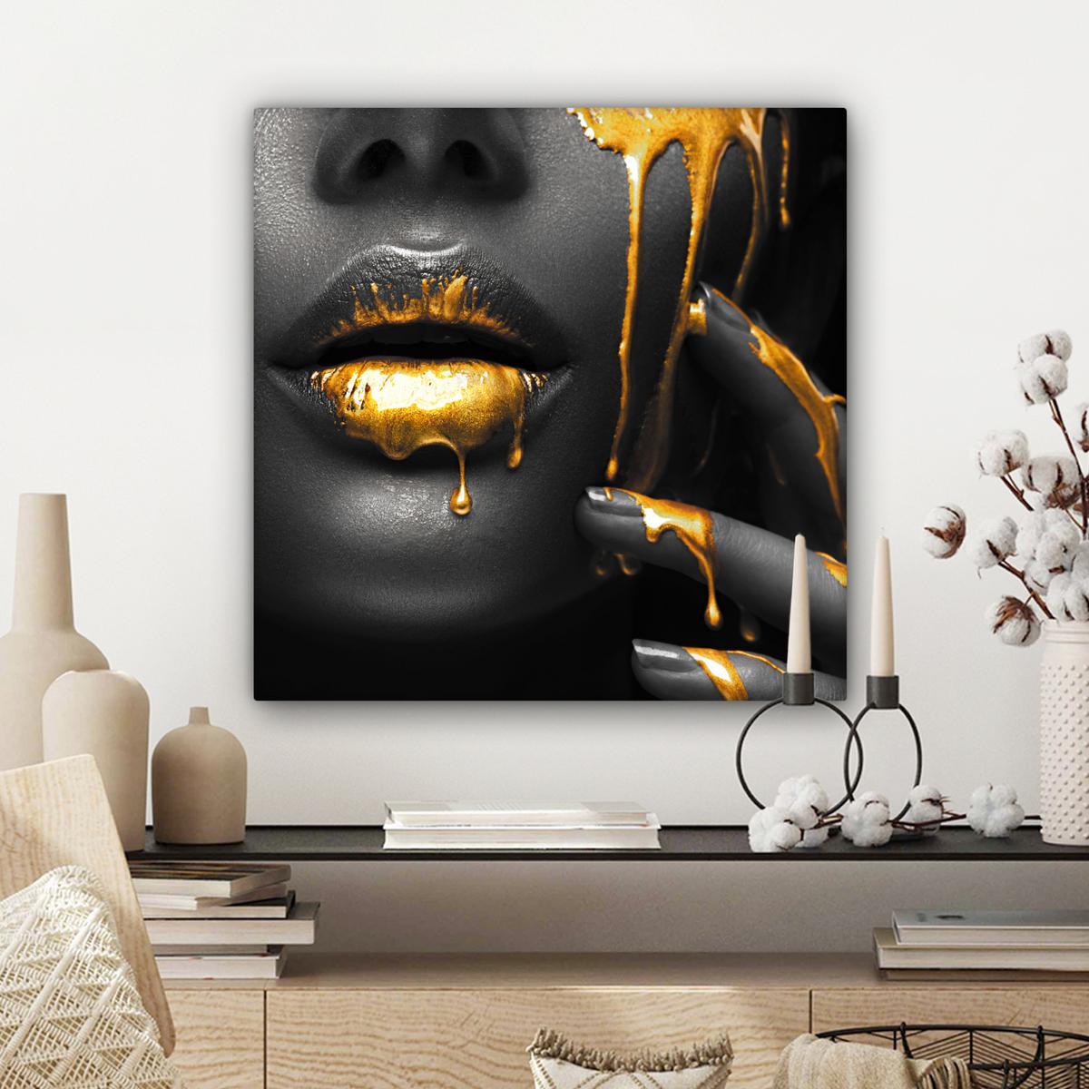 LEINWANDBILD Frau - Schwarz - Gold - Gesicht - Lippen Wandbild Wohnzimmer 50x50 cm - Goldfarben, Textil (50/50cm) - MuchoWow