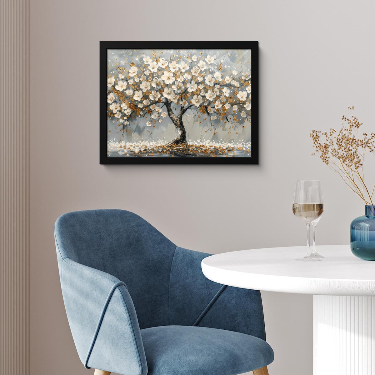 POSTER MIT RAHMENGERAHMTES BILD Baum - Blumen - Weiß - Natur - Kunst 40x30 cm - Weiß, Papier (40/30cm) - MuchoWow