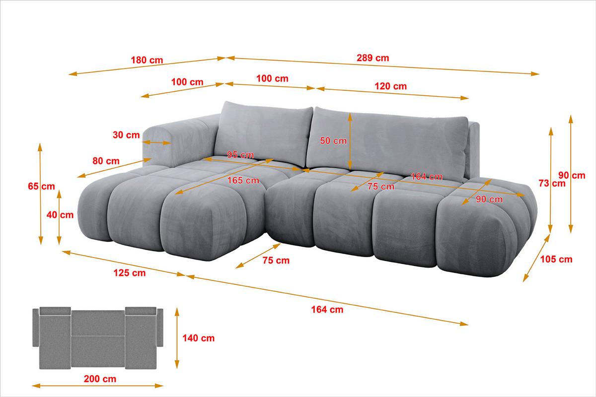 ECKSOFA Ottomane Links CLOUD-L 280x185x90 Hellgrau Velours - Hellgrau, Holzwerkstoff/Kunststoff (180/289cm) - ALTDECOR