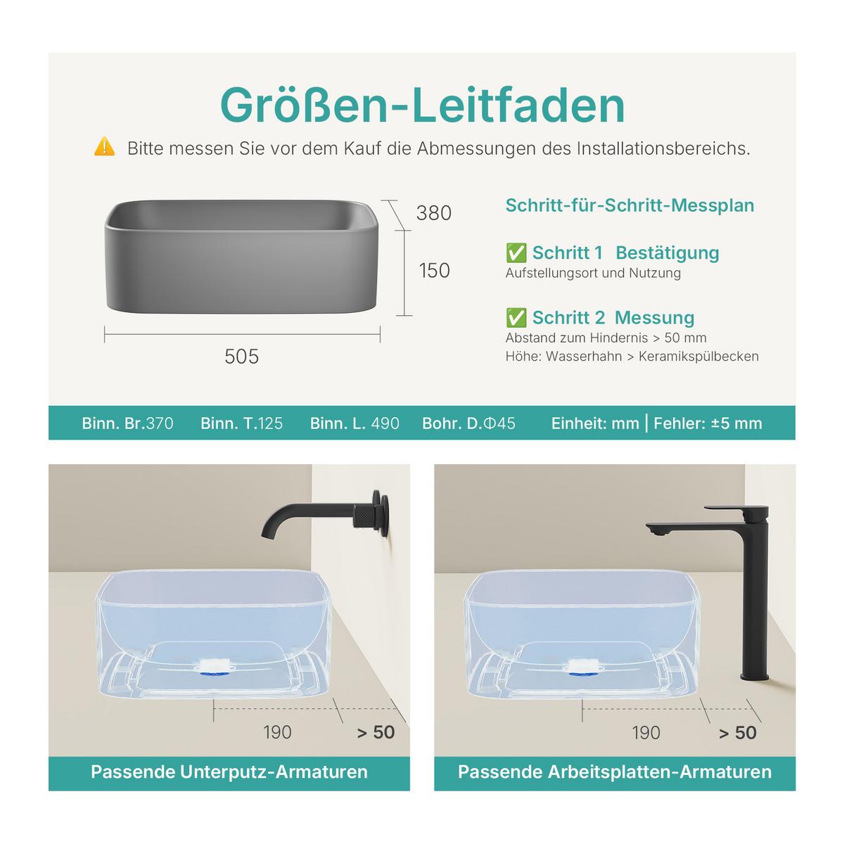 WASCHBECKEN Keramik Rechteck Abgerundete Matt Dunkelgrau 50,5 / 38 / 15 cm - Schwarz, Keramik (50.5/15/38cm) - EMKE