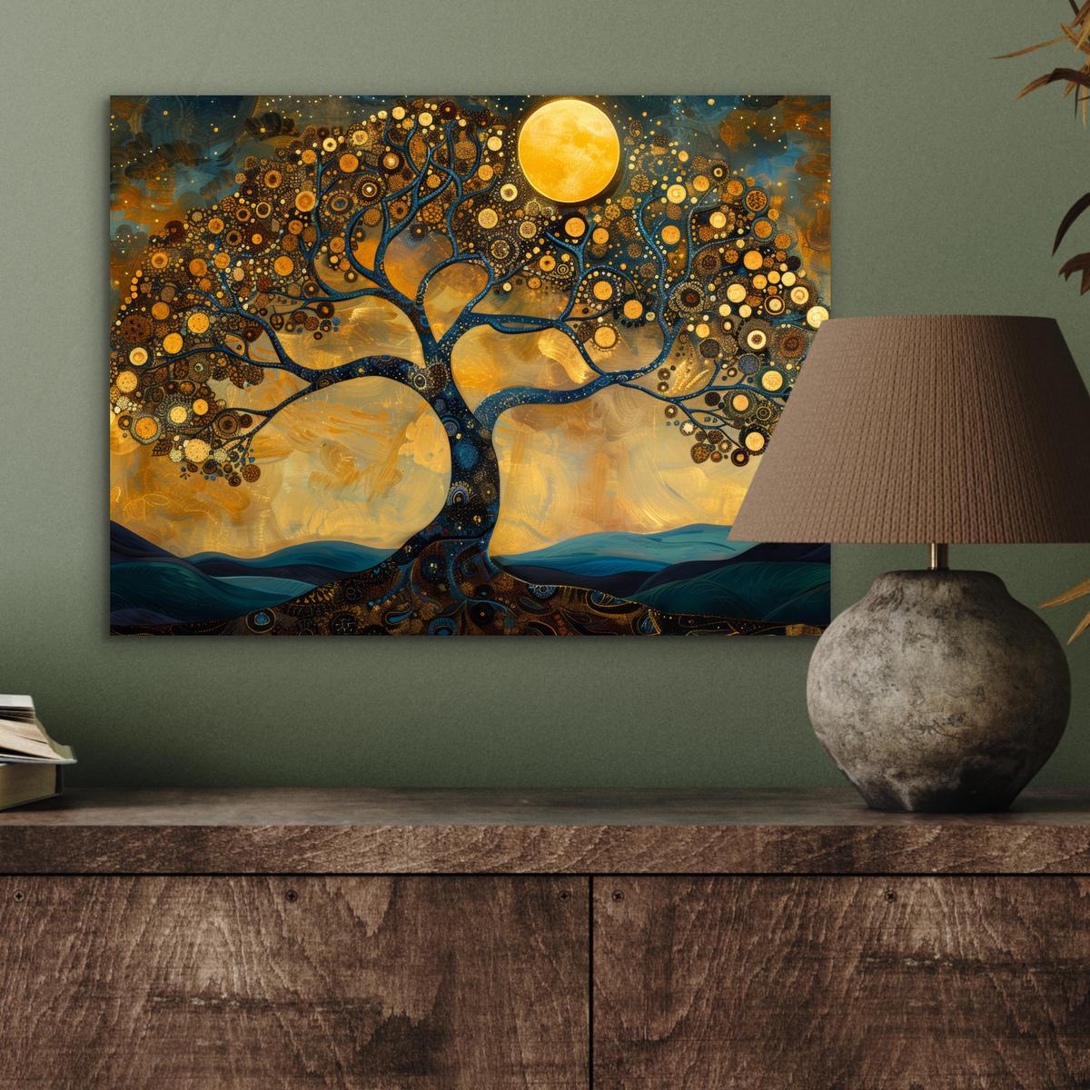 METALLBILD Baum - Mond - Blumen - Gold - Kunst 40x30 cm - Orange, Metall (40/30cm) - MuchoWow