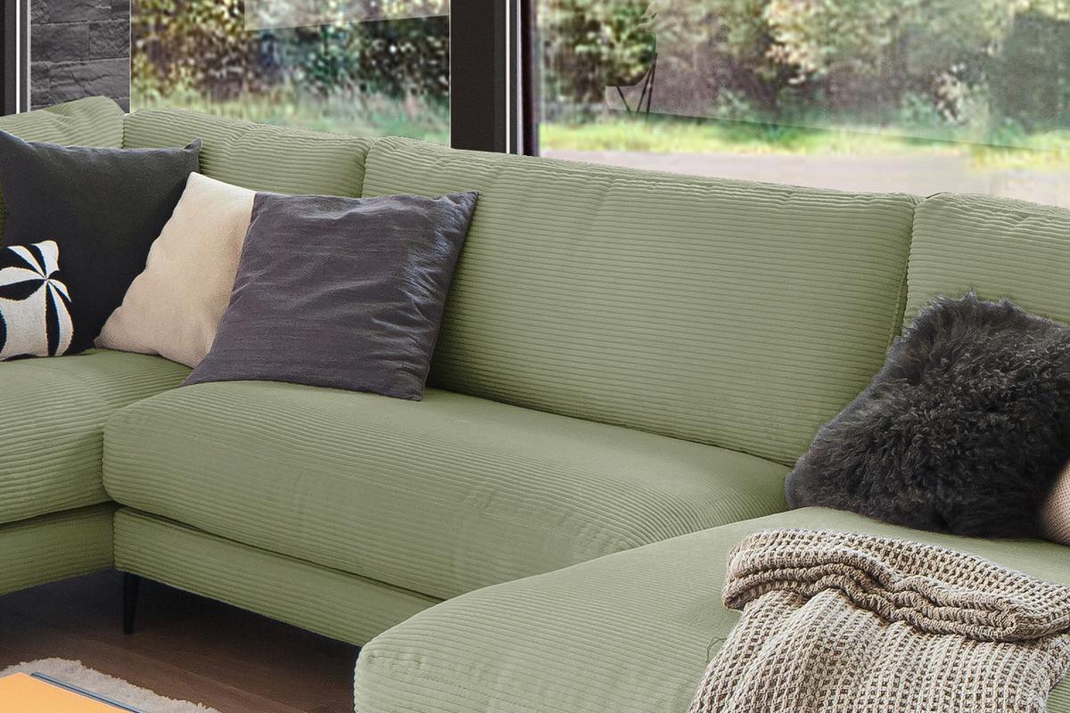 WOHNLANDSCHAFT CARA Grün Cord - Schwarz/Olivgrün, Textil (341/84/223cm) - KAWOLA