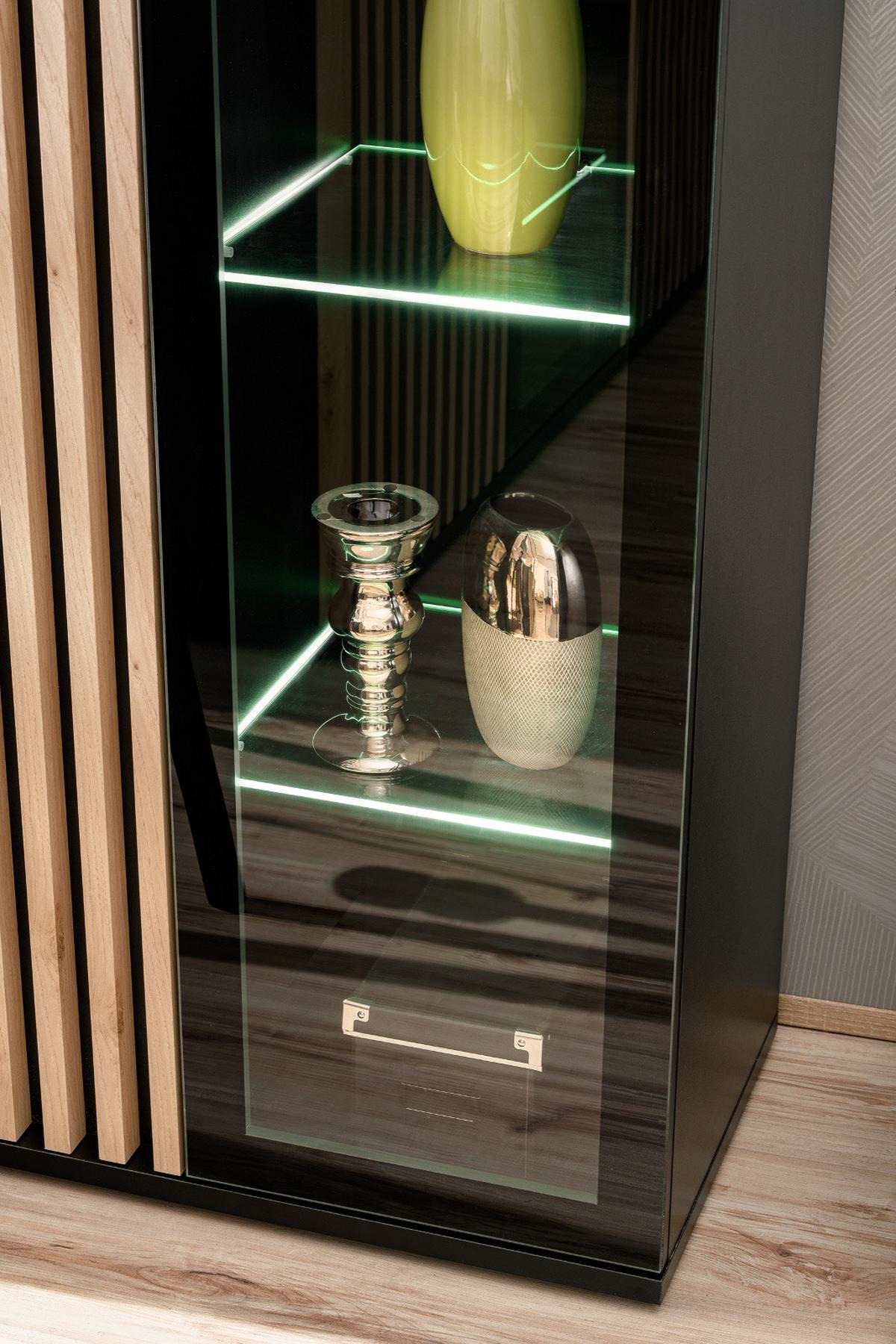 WOHNWAND schwarz, Eiche Jackson 353 cm, Schrankwand mit Push-top-Open und Beleuchtung - Eichefarben/Schwarz, Glas/Holzwerkstoff (340/192/45cm) - Furn.Design