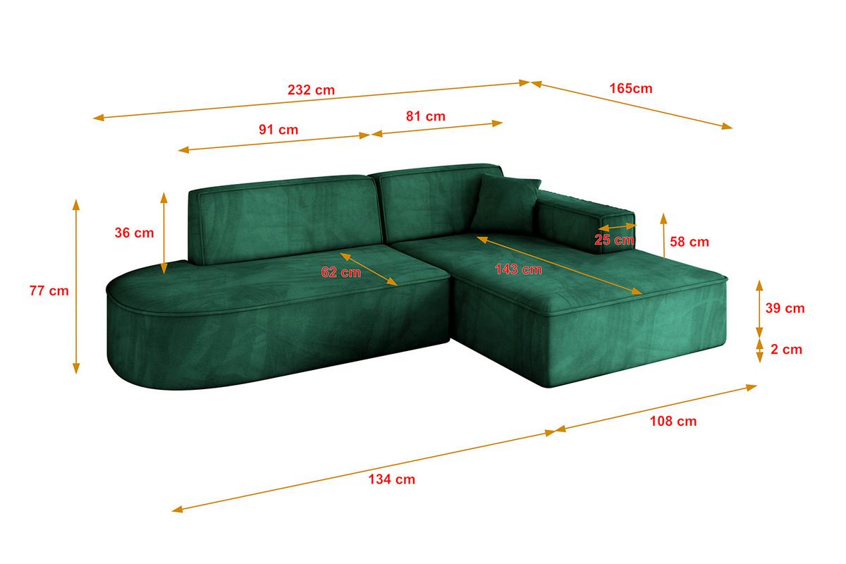 ECKSOFA Ottomane Rechts IREA-L1-v4 - 232x165x77 cm Grün - Smaragdgrün/Dunkelgrün, Holzwerkstoff/Textil (232/165cm) - ALTDECOR