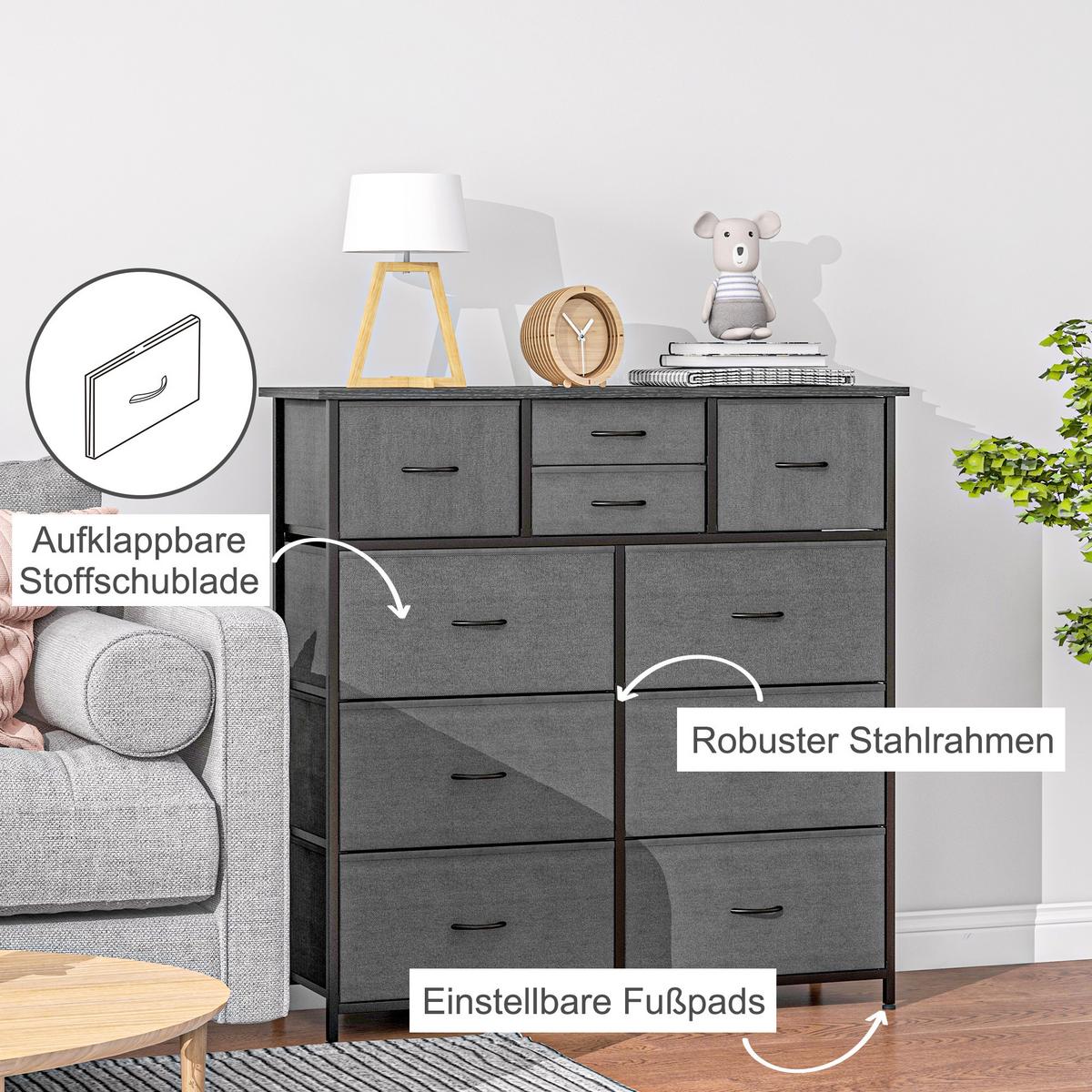KOMMODE, Aufbewahrungsschrank mit 10 Faltbaren Stoffschubladen, Stahl, Schwarz - Schwarz, Textil (30/100/100cm) - HOMCOM