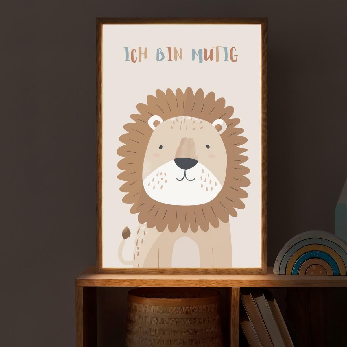 NACHTTISCHLAMPE MIT AKKU Löwe - Beige - Tier - Mutig - Zitat 40x60 cm - Beige, Holzwerkstoff (8/40/60cm) - OnlyWow