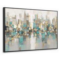 LEINWAND Bilder mit Rahmen - Abstrakt - Blöcke - Gold - Skyline - 140x90 - Beige, Textil (140/90cm) - MuchoWow