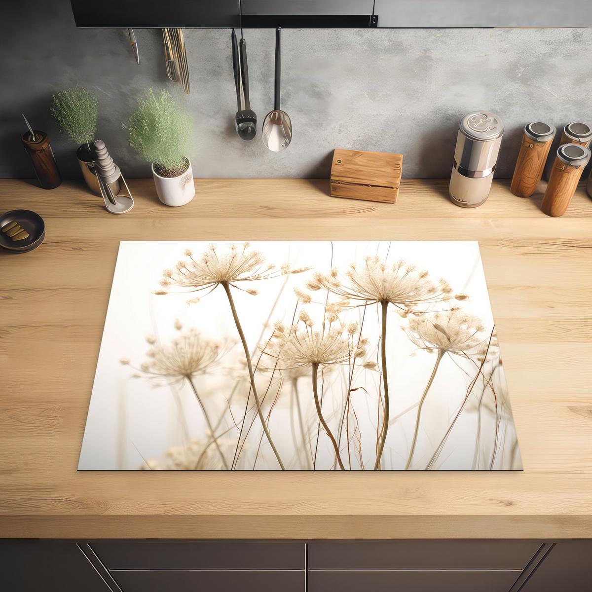 HERDABDECKPLATTE Blumen - Weiß - Sonnenlicht Herdabdeckung Induktionsfeld 70x52 cm - Ecru, Kunststoff (70/52/0.2cm) - MuchoWow
