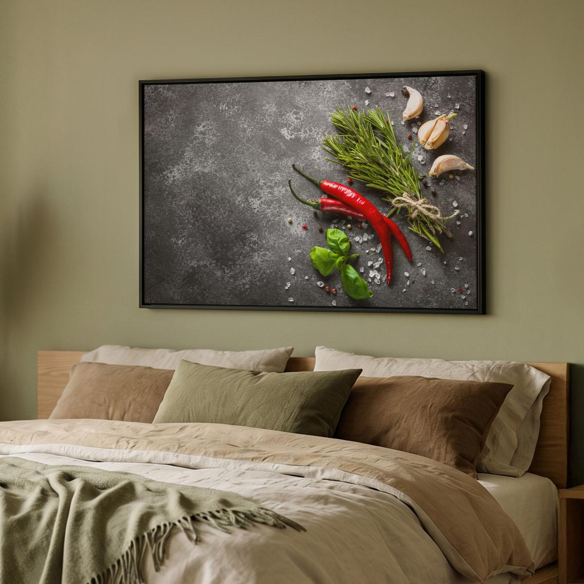 LEINWAND Bilder mit Rahmen - Pfeffer - Kräuter - Gewürze - Beton - 90x60 - Dunkelgrau, Textil (90/60cm) - MuchoWow