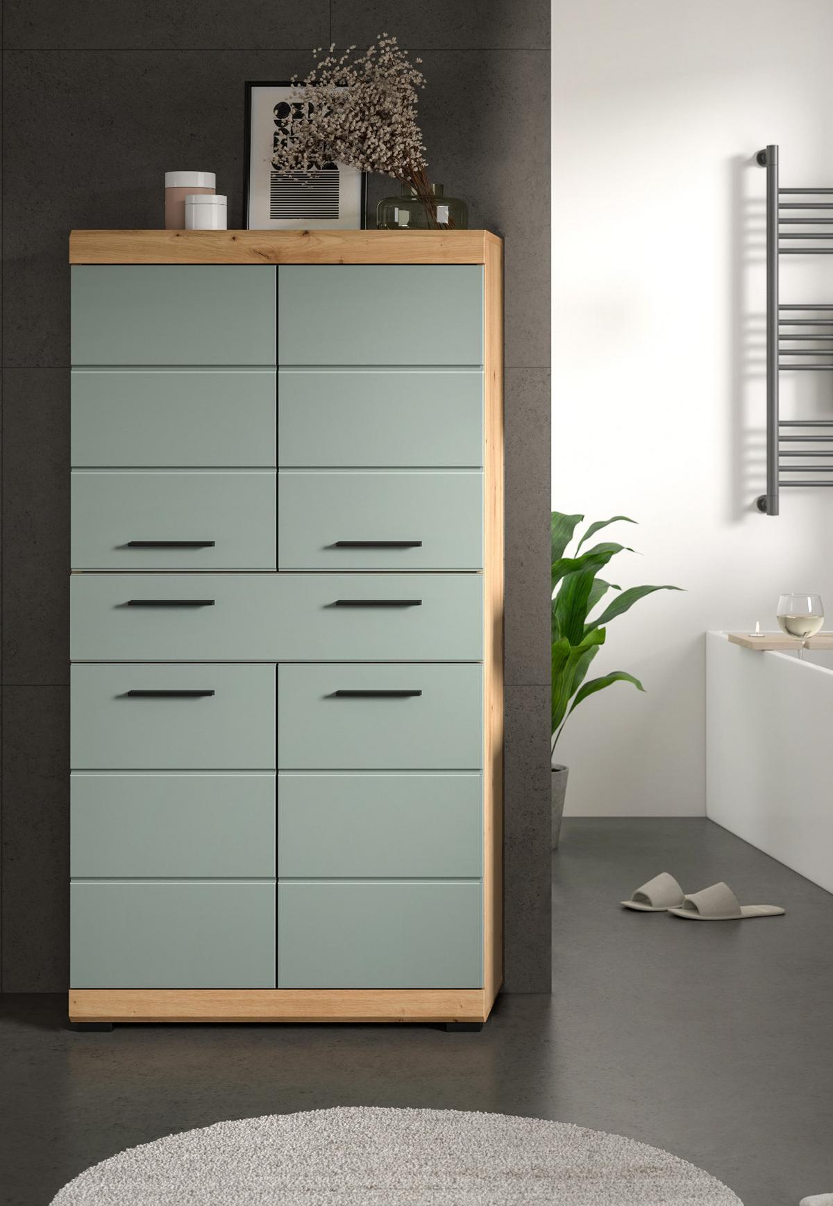 MIDISCHRANK Salbei grün, Eiche Artisan 74 x 141 cm, Badschrank 4-türig - Salbeigrün/Schwarz, Holzwerkstoff/Kunststoff (74/141/31cm) - Inn.Furn