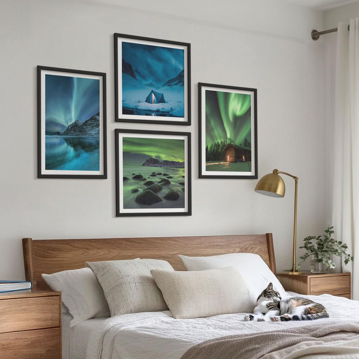 BILDER SET 4er Set - 50x50 cm & 40x60 cm Schwarzer Rahmen - Winterlandschaften, Nordlichter, Berge - Schwarz, Kunststoff (50/50cm) - TULUP