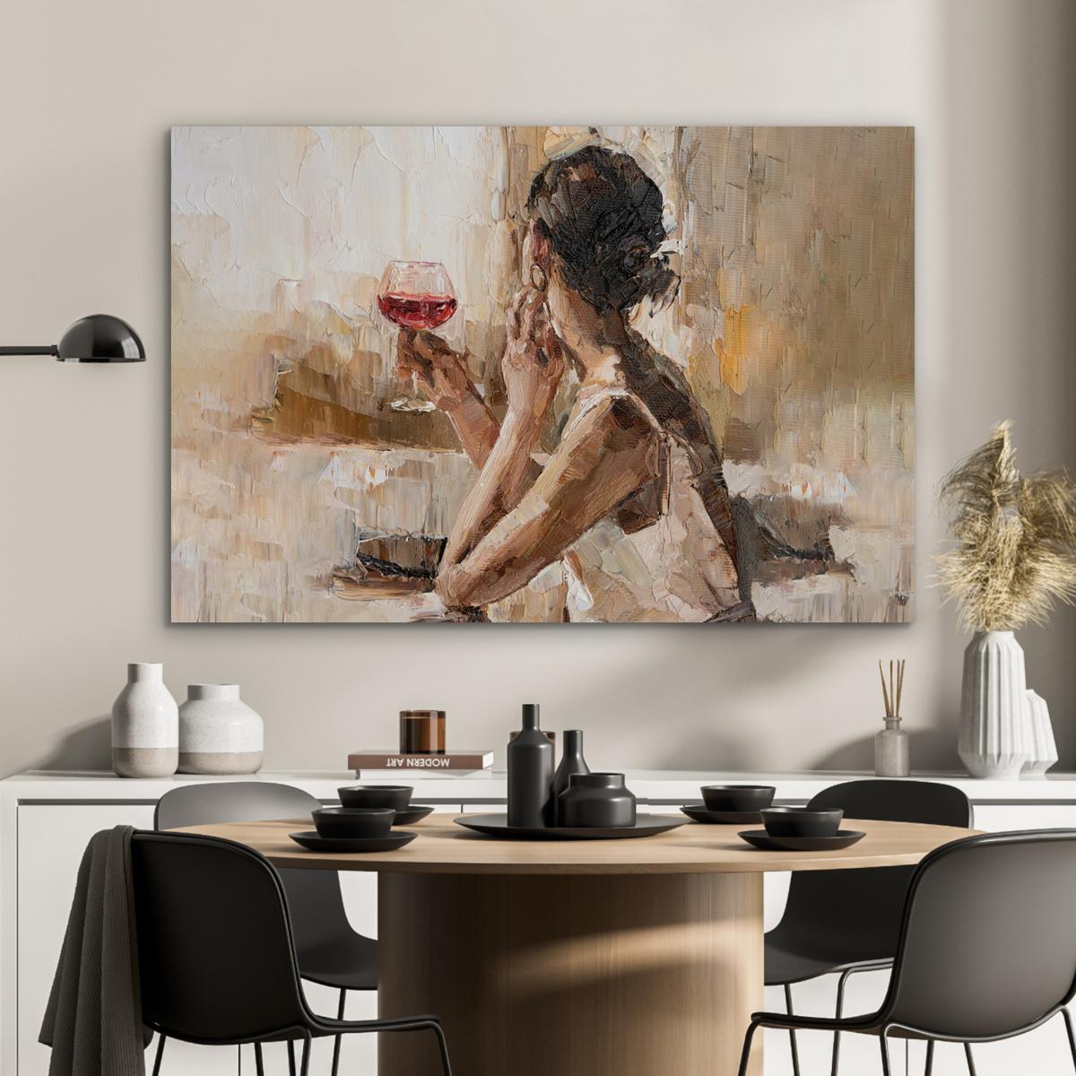 METALLBILD Ölgemälde - Frau - Wein Wanddeko 90x60 cm - Hellbraun, Metall (90/60cm) - MuchoWow