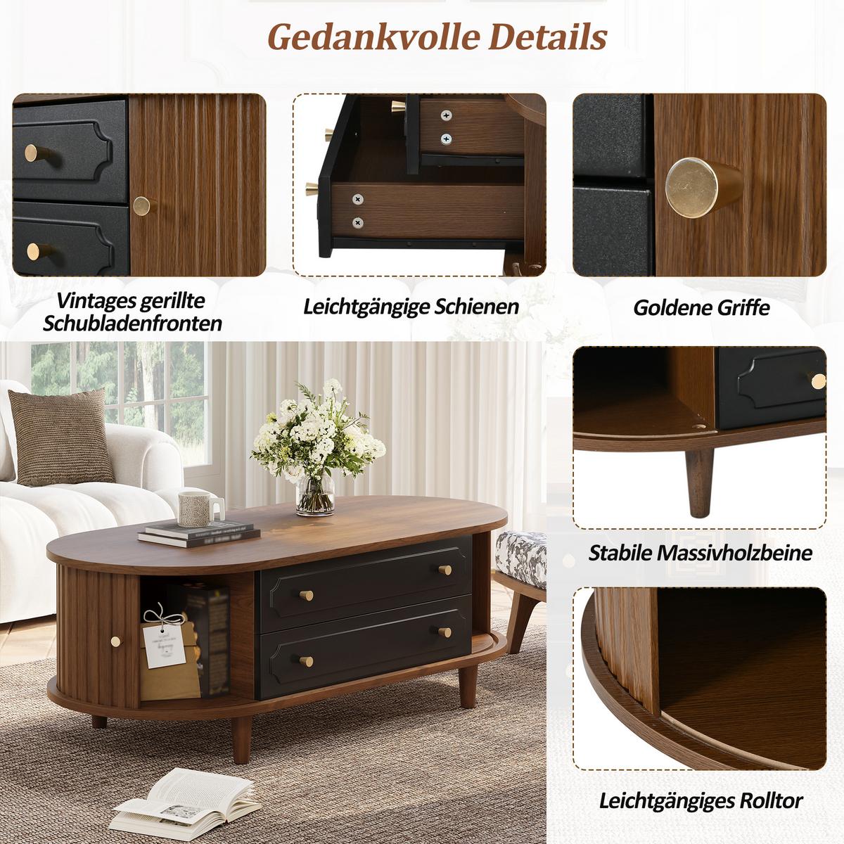 COUCHTISCH Walnuss Retro mit 2 Schubladen & Rolltür - Walnussfarben, Holzwerkstoff (50/100/36cm) - Urban Meuble