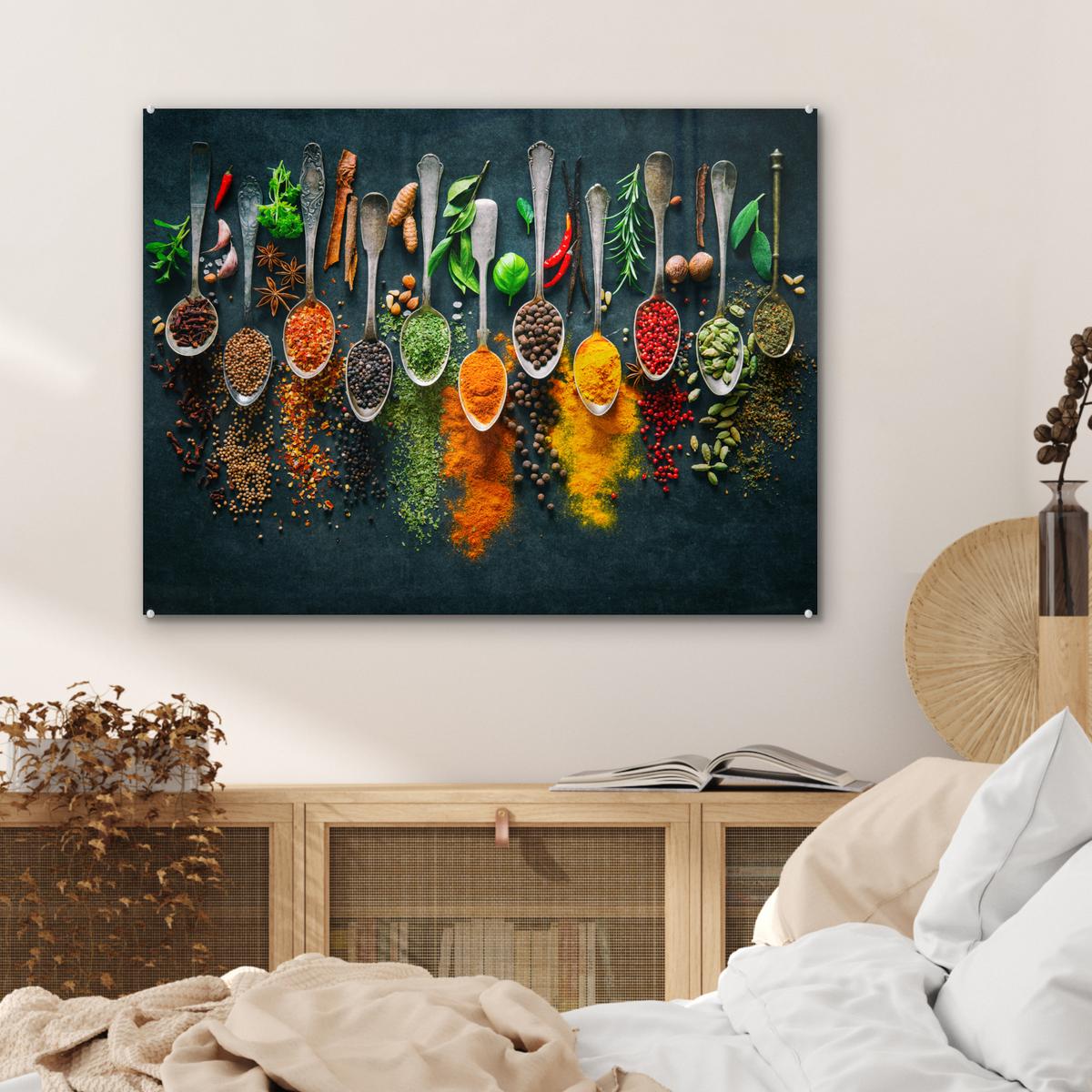 ACRYLGLASBILD Kräuter - Gewürze - Löffel 80x60 cm - Currygelb, Glas (80/60cm) - MuchoWow