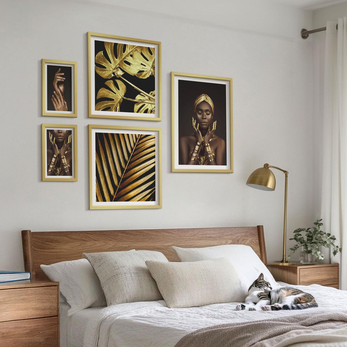 BILDER SET 5er Set - 50x50 cm & 20x30 cm & 40x60 cm Goldrahmen - Künstlerische Porträts von Frauen - Goldfarben, Kunststoff (40/60cm) - TULUP