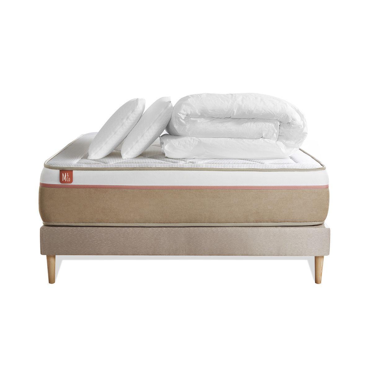 BETT Le Soyeux Taschenfederkern und Memory-Schaum 140 x 200 cm h2 - Kit Bettgestell Beige - Mit Kissen und Bettdecke - Beige, Karton/Holz (140/200cm) - Marmottes & Co